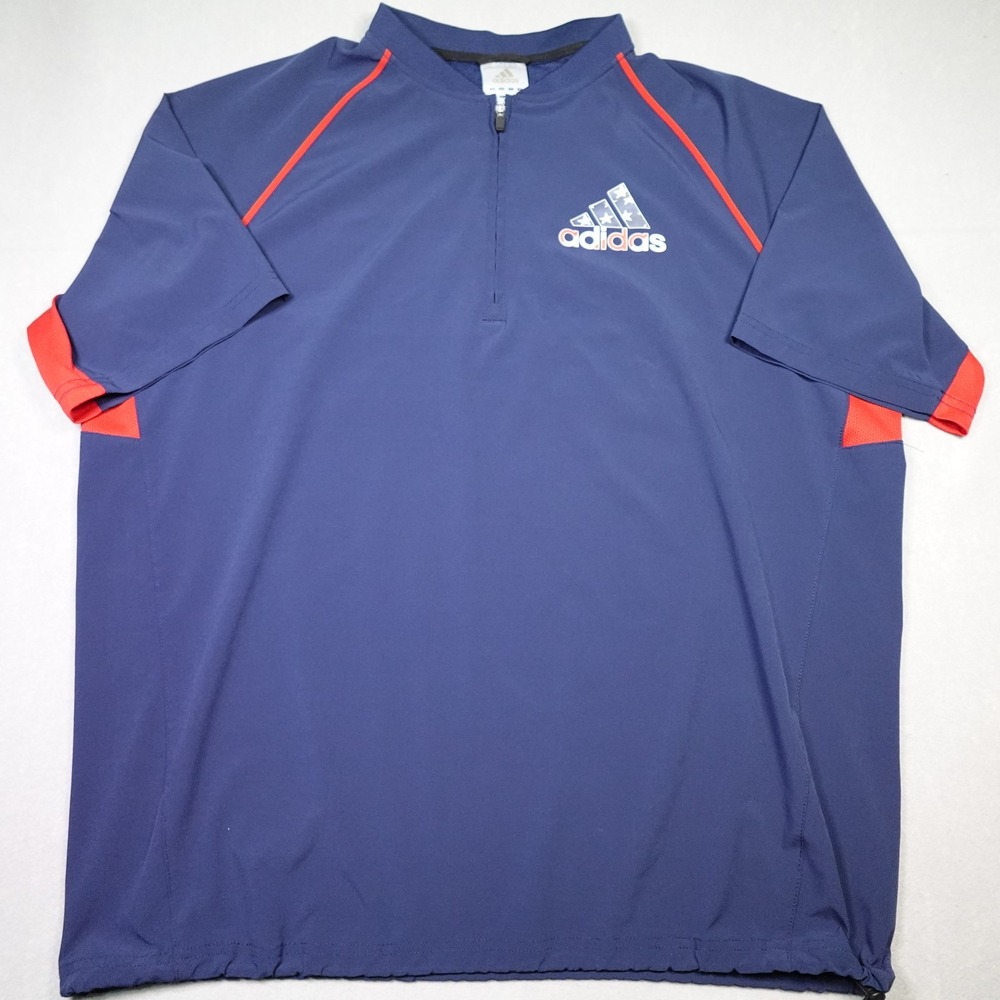 Adidas USA Stars Logo Windbreaker Jacket XL Blue Red Vent Back Short Sleeve Zip